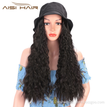 Aisi Hair Outdoor Hat Black Water Wave Wig Party Knit Slouchy Hat Synthetic Fiber Hair Extension With Black Bucket Hat For Women